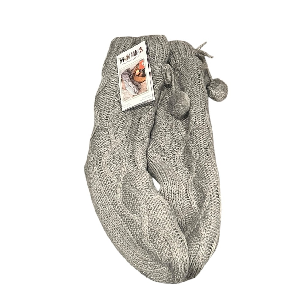 NWT MUK LUKS Women's Pom Cabin Dark Grey  Cable Knit Sweater Socks L/XL (8-11)